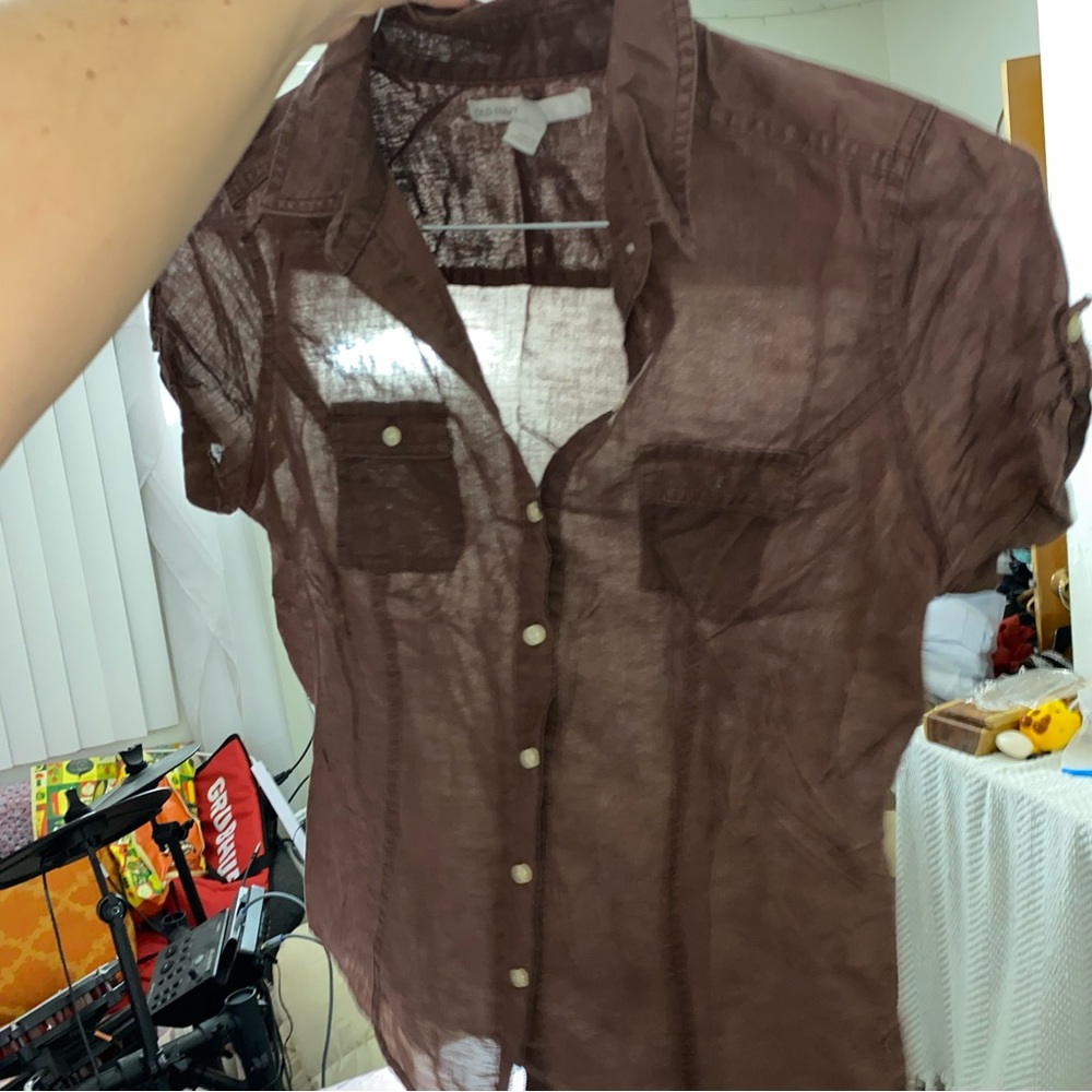 Old Navy Linen Blend Button Up Shirt Lightweight Summer Pocket Front M